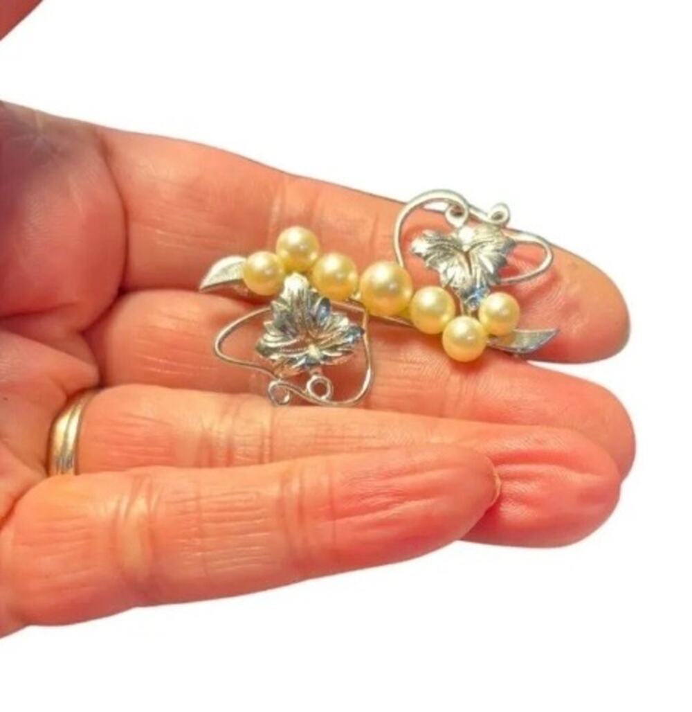 Vintage Sterling Silver Faux Pearl Grapevine Brooch Leaf Cluster Pin 925
